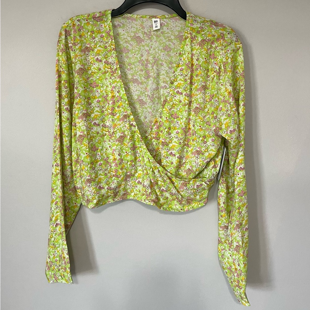 NWT BP Nordstrom  Green Hannah Floral Print Long Sleeve Crop Top Summer Size M